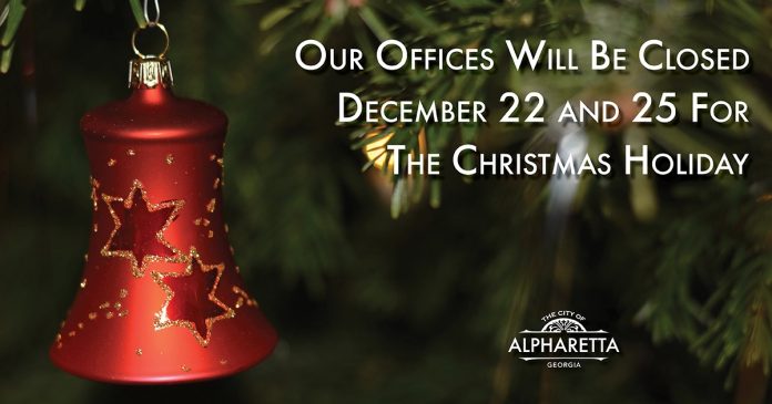 Alpharetta, Georgia - The City of Alpharetta has confirmed that its business offices and indoor recreation facilities will be closed this Friday and Monday for the Christmas weekend. Per the city announcement on Facebook, the city is closing these facilities so that its workers can spend valuable time with their families during the holiday season.
