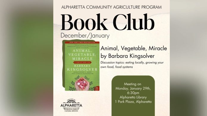 The Alpharetta Library awaits as the Community Agriculture Book Club prepares to host its next meeting on Monday, January 29th, at 6:30 pm.