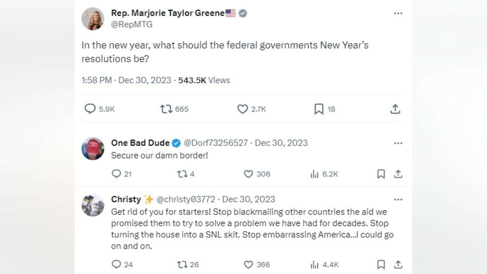 The Georgia Republican asked her followers on X, formerly Twitter, about what resolutions the federal government should have in 2024